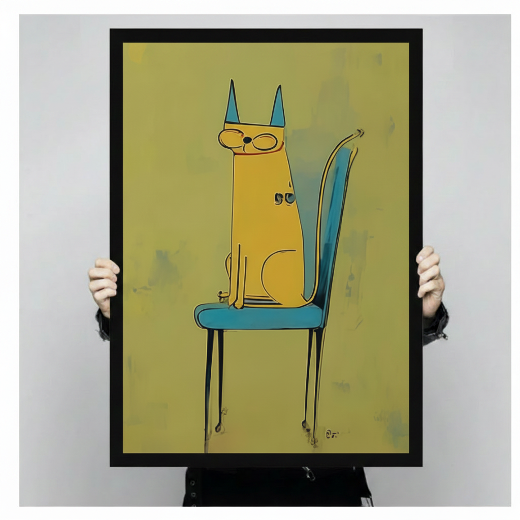 Yellow Cat Blue Chair Minimalist Canvas Wall Art