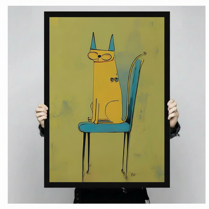 Yellow Cat Blue Chair Minimalist Canvas Wall Art