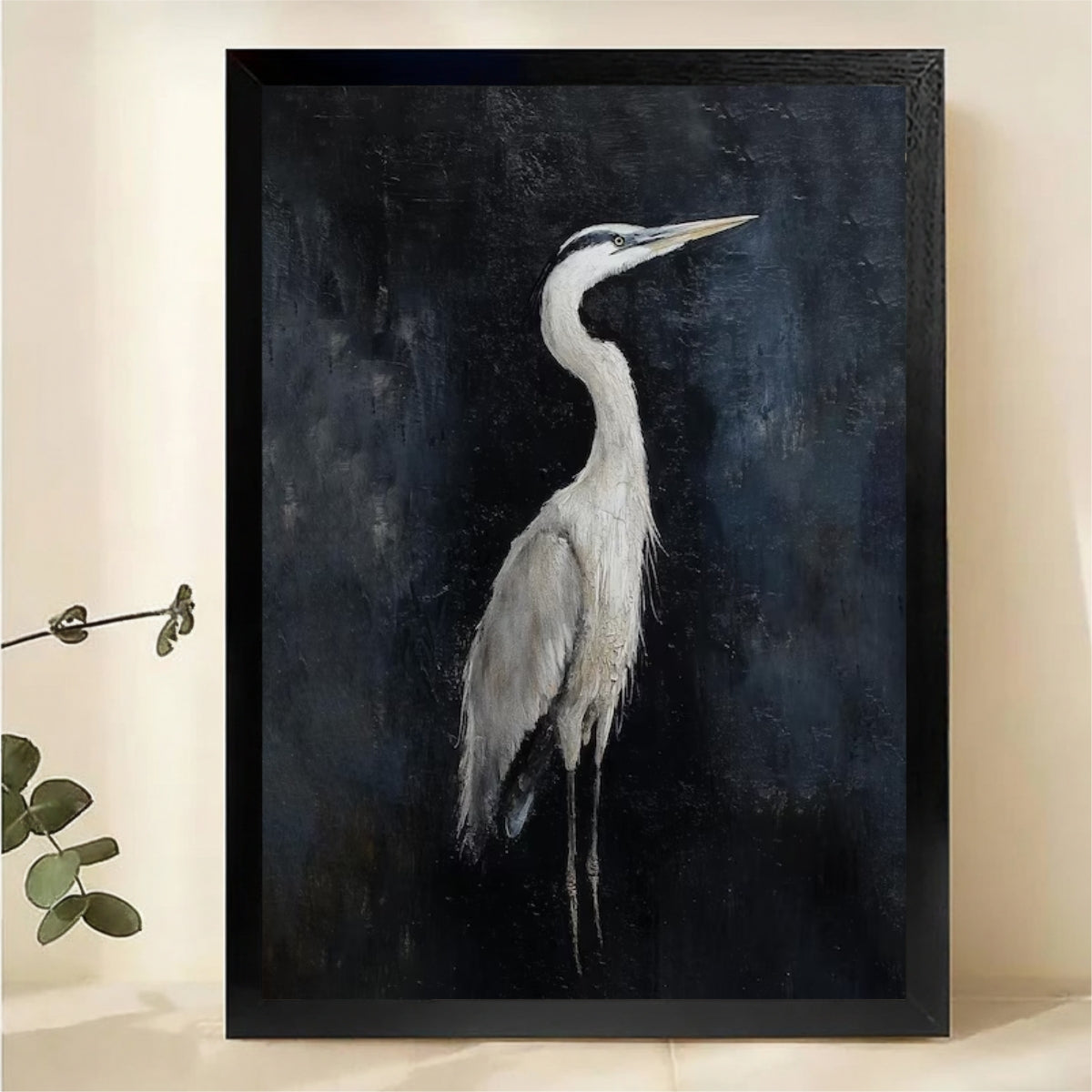 Great Blue Heron Portrait Wall Art - Dark Moody Textured Oil Painting Canvas Print
