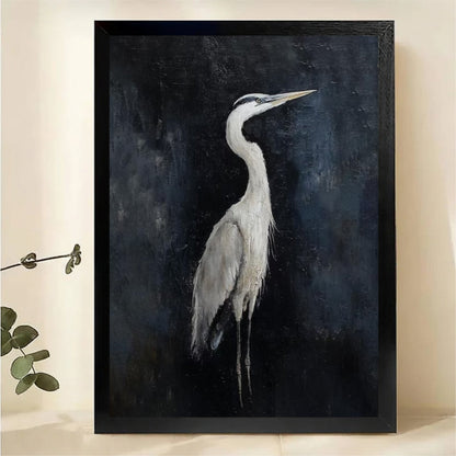 Great Blue Heron Portrait Wall Art - Dark Moody Textured Oil Painting Canvas Print