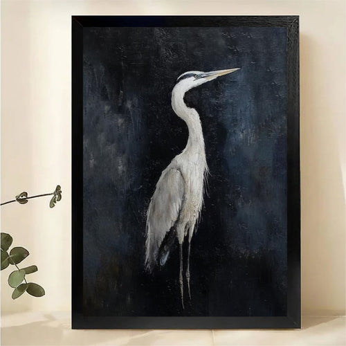 Great Blue Heron Portrait Wall Art - Dark Moody Textured Oil Painting Canvas Print