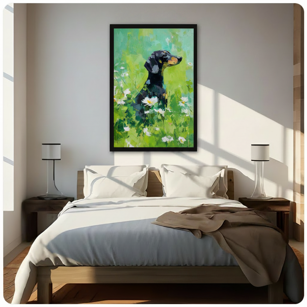 Dachshund Daisy Field Impressionist Canvas Wall Art
