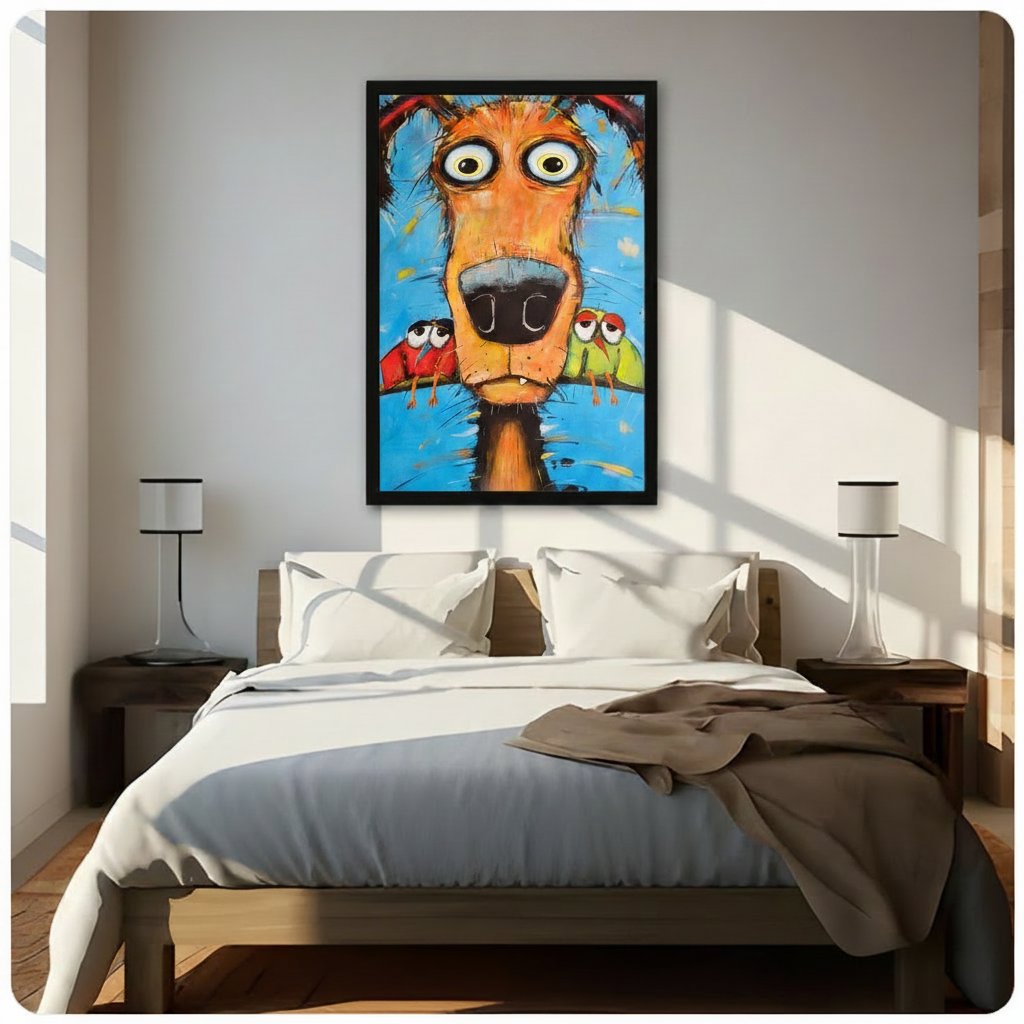 Goofy Dog with Parrots Impasto Canvas Wall Art