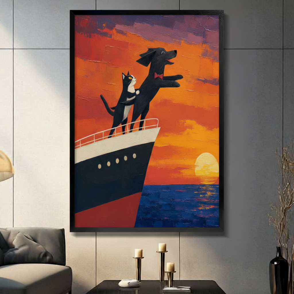 Cat Dog Titanic Sunset Romantic Canvas Wall Art