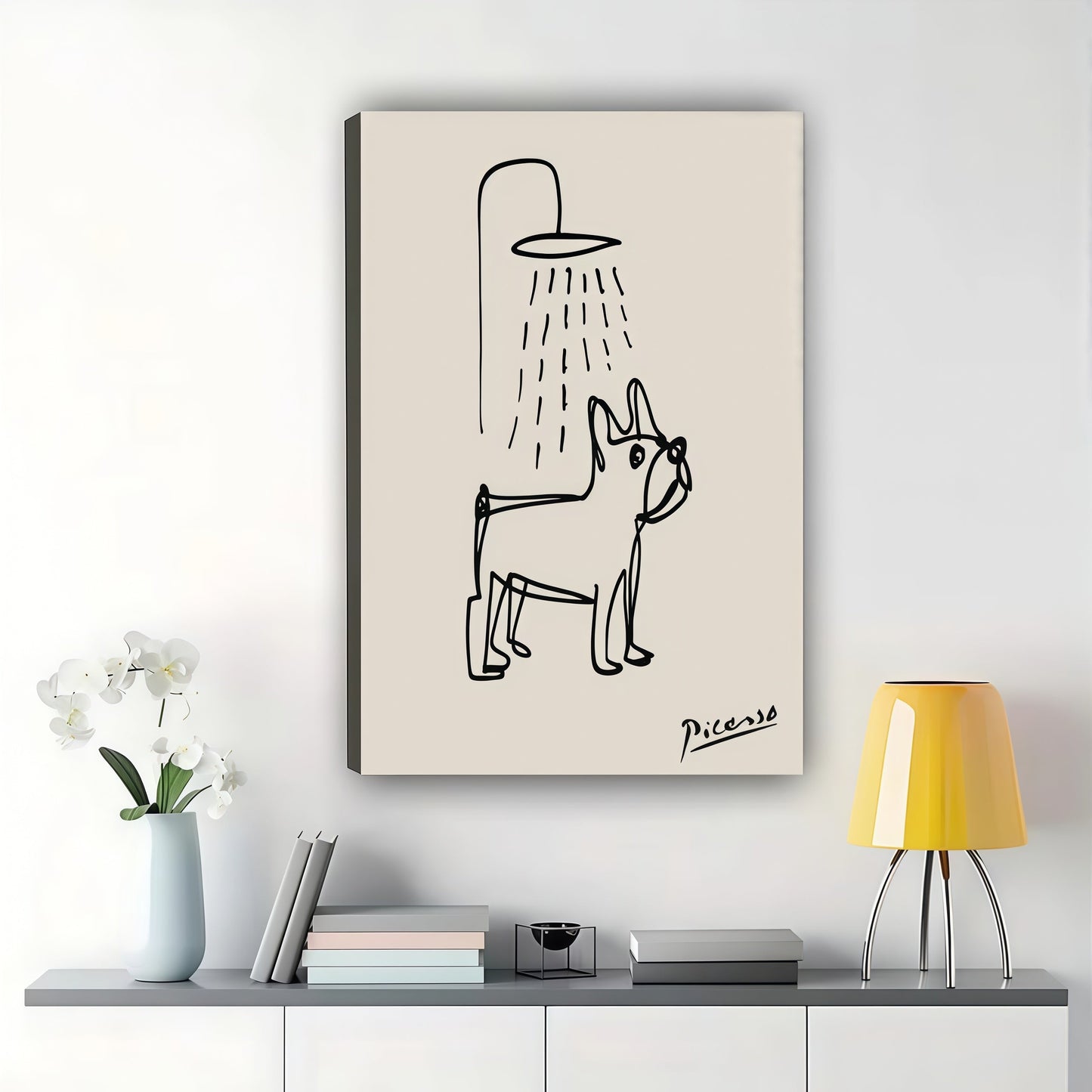 Picasso French Bulldog Showering – Minimalist Bathroom Line Art Wall Art on Natural Wood Canvas