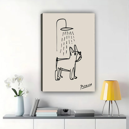 Picasso French Bulldog Showering – Minimalist Bathroom Line Art Wall Art on Natural Wood Canvas