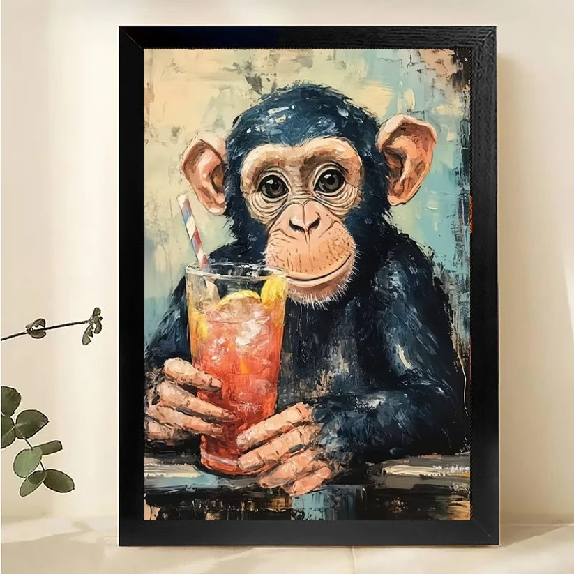 The Retro Beverage-Holding Chimp – Playful Vintage Wall Art on Natural Wood Canvas