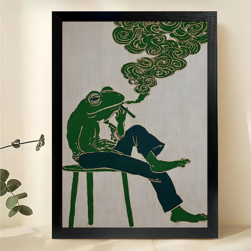 The Smoking Frog – Retro Hippie Wall Art on Natural Wood Canvas