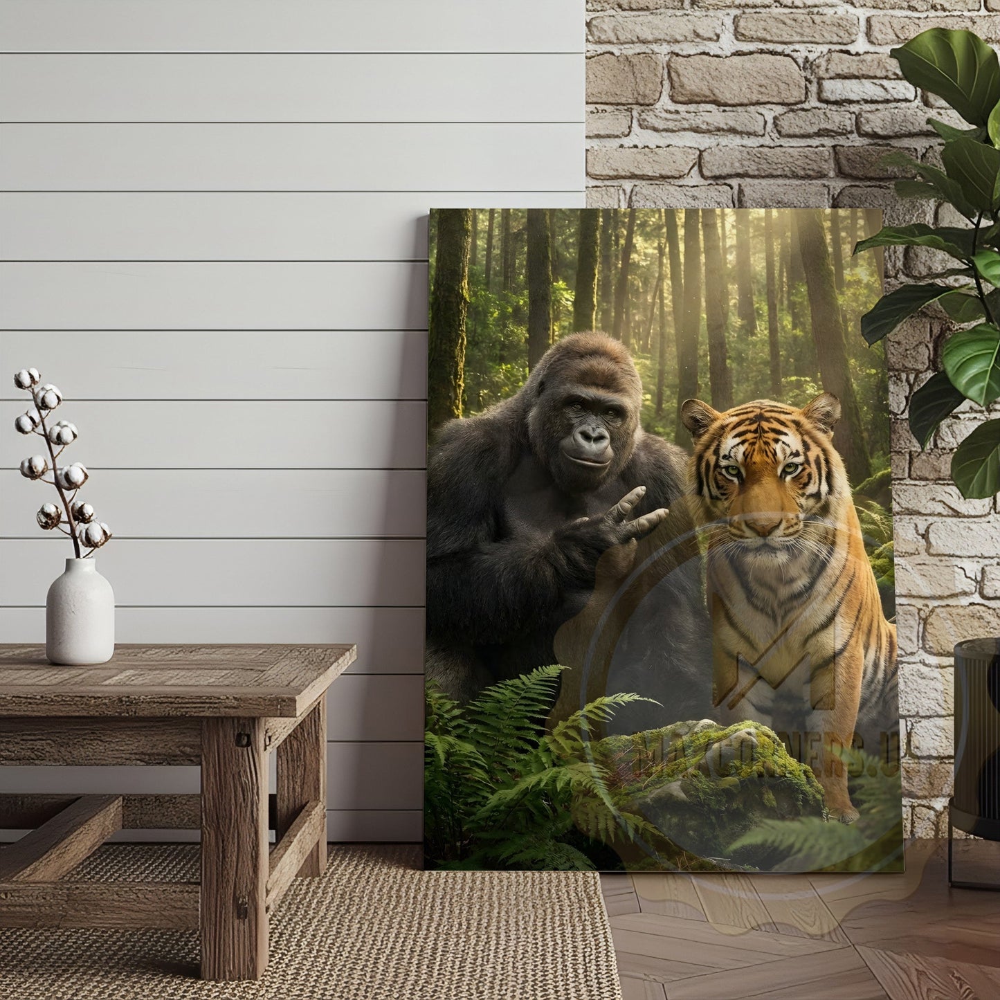 Jungle Wildlife Canvas Wall Art - Gorilla Tiger Friendship Forest Print