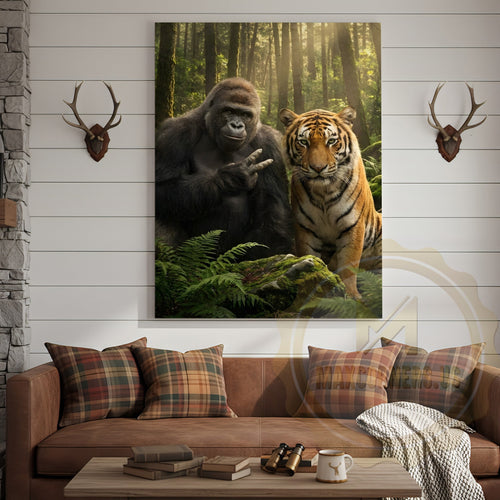 Jungle Wildlife Canvas Wall Art - Gorilla Tiger Friendship Forest Print