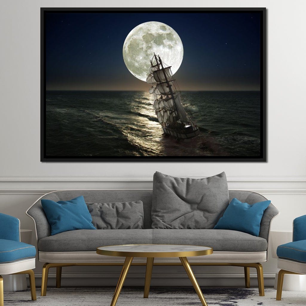 Sailing Under the Giant Moon Canvas Wall Art