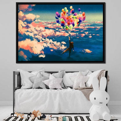 Flying with Colorful Balloons Canvas Wall Art
