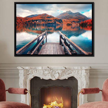 Wooden Pier on Autumn lake Sils Canvas Wall Art