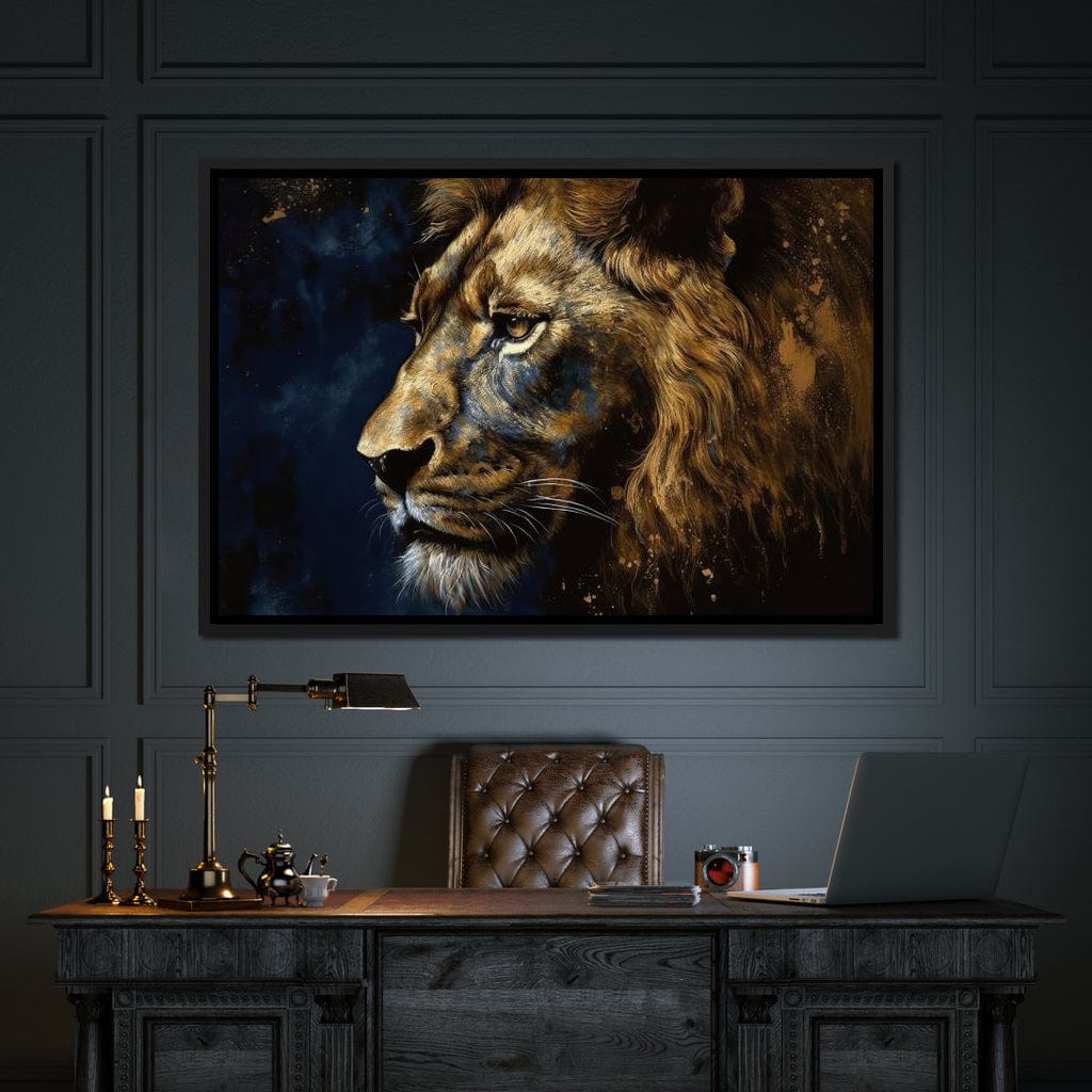 Golden Lion on Blue Background Canvas Wall Art