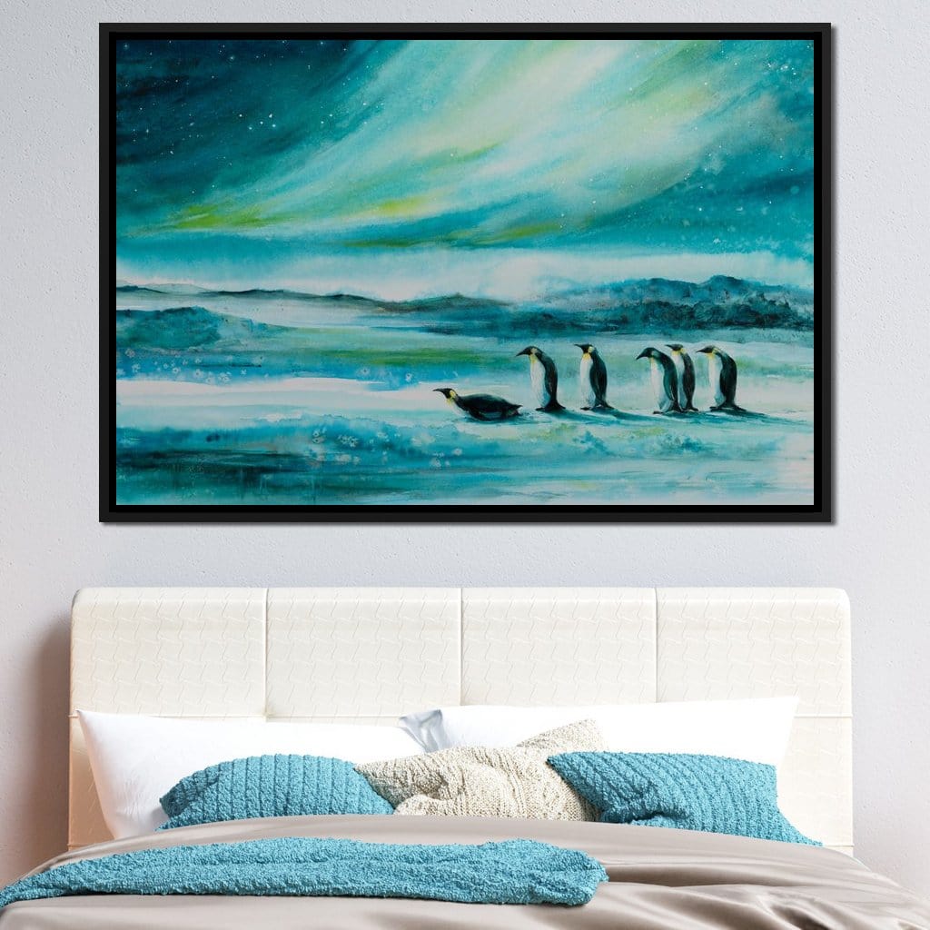 Penguins Under the Aurora Borealis Canvas Wall Art
