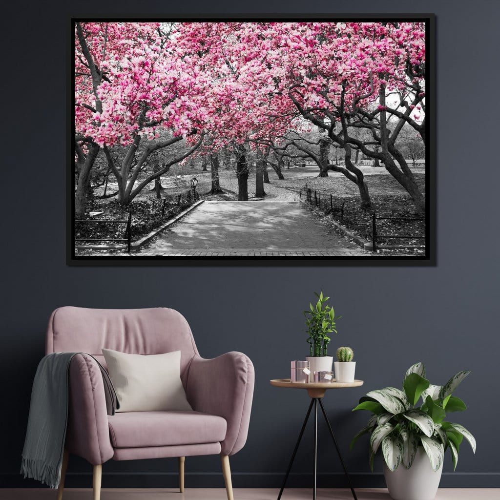 Pink Blossoms in Black and White Canvas Wall Art