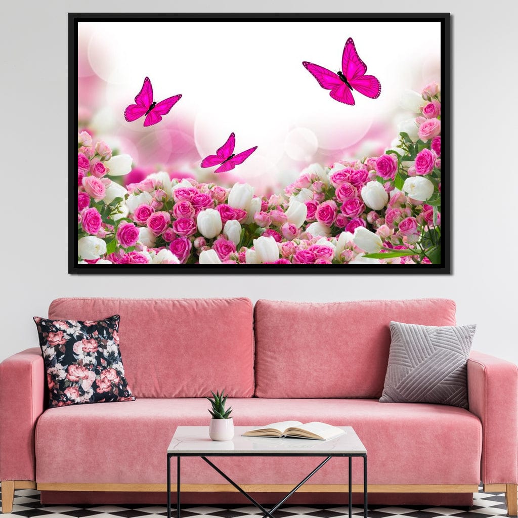 Pink Roses & Butterflies Canvas Wall Art