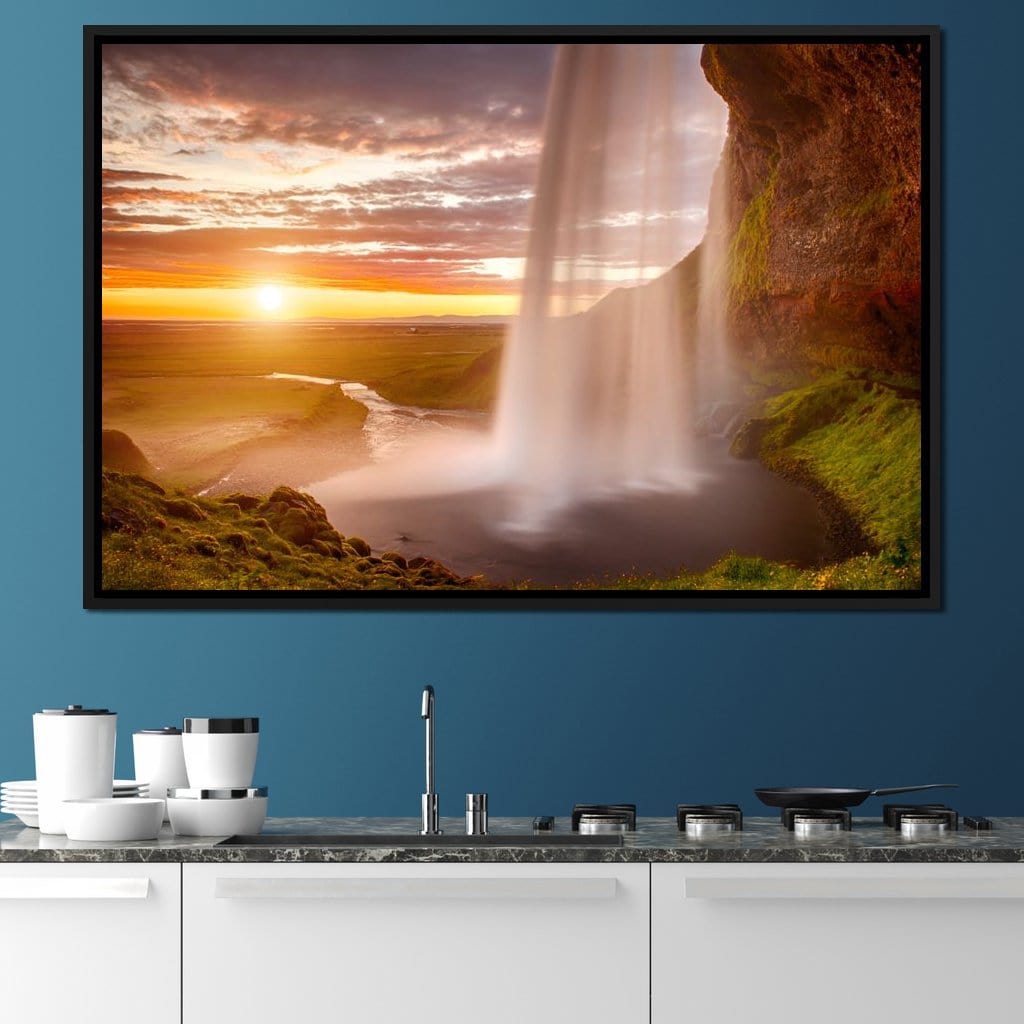 Sunset over Seljalandsfoss Waterfall Canvas Wall Art