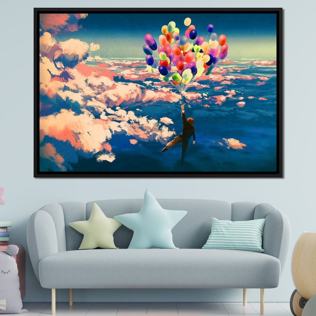 Flying with Colorful Balloons Canvas Wall Art