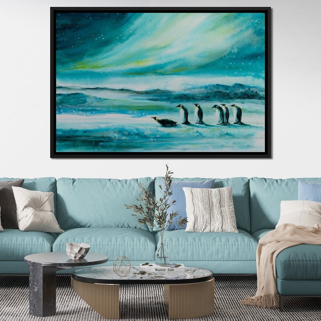 Penguins Under the Aurora Borealis Canvas Wall Art