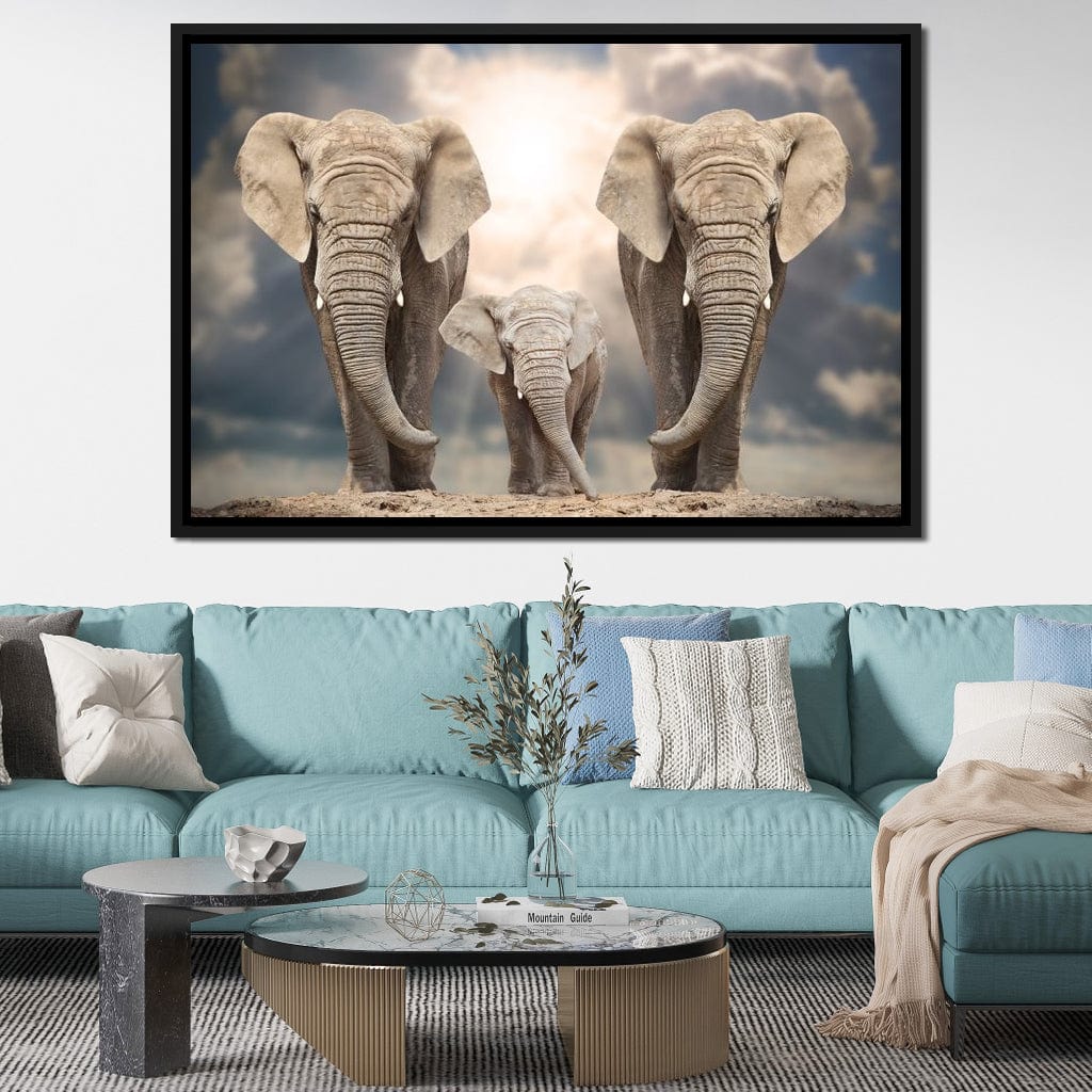 Elephant Family Under the Sun Canvas Wall Art