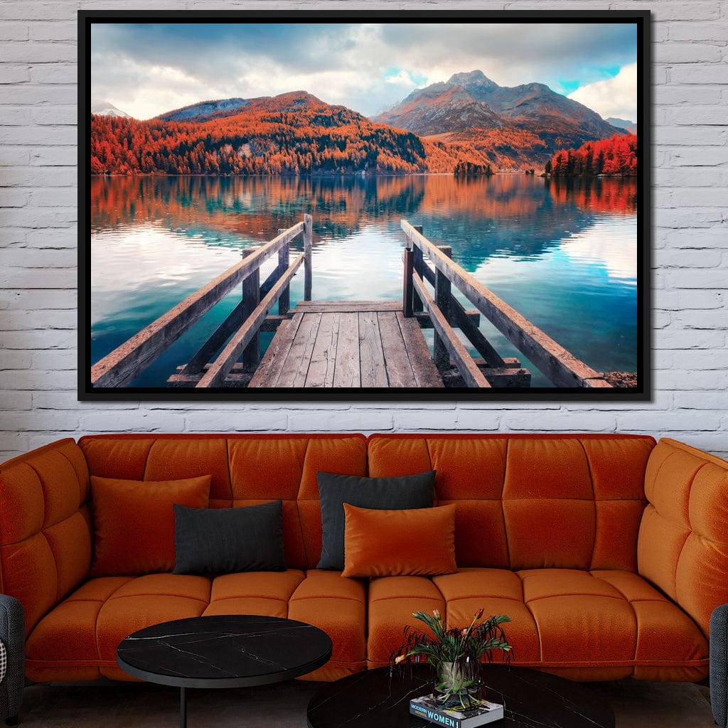Wooden Pier on Autumn lake Sils Canvas Wall Art