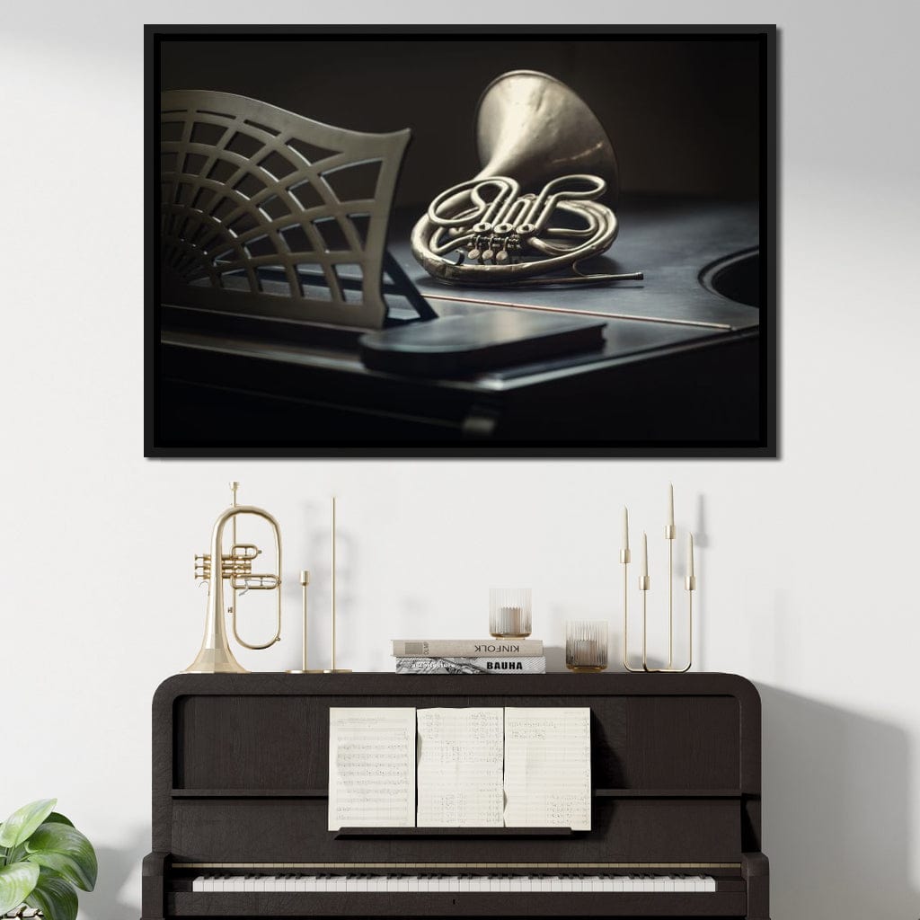 French Horn on the Grand Piano Canvas Wall Art