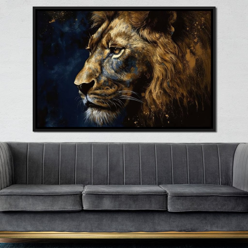 Golden Lion on Blue Background Canvas Wall Art