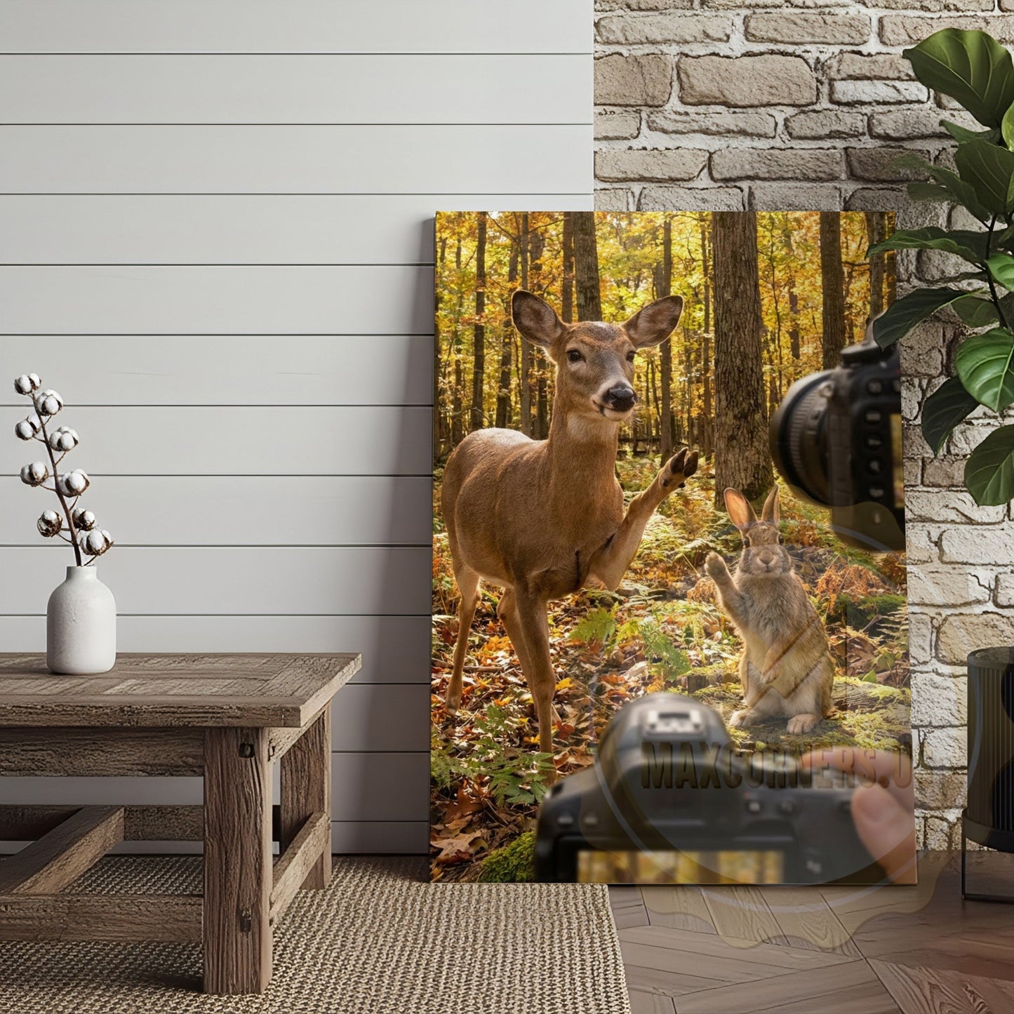 Funny Deer Photographer Canvas Wall Art - Autumn Forest Wildlife Humor