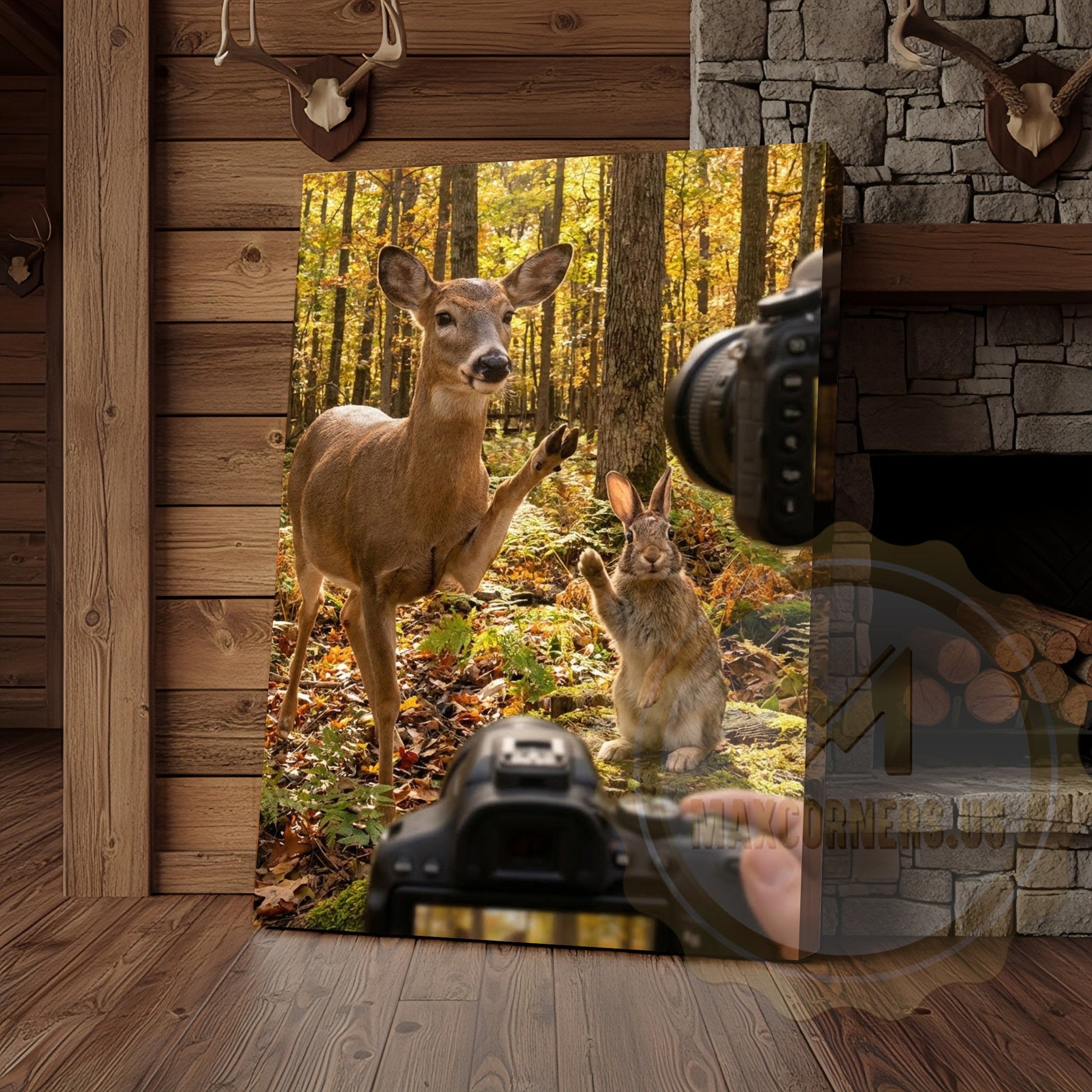 Funny Deer Photographer Canvas Wall Art - Autumn Forest Wildlife Humor