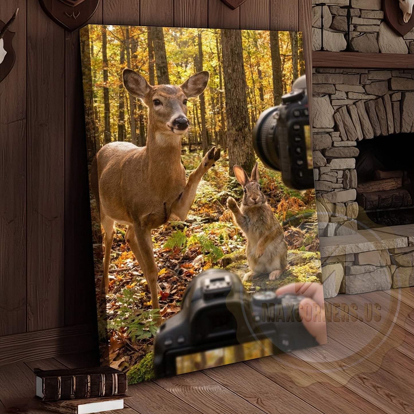 Funny Deer Photographer Canvas Wall Art - Autumn Forest Wildlife Humor