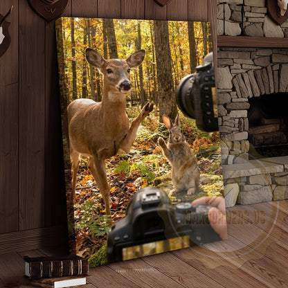 Funny Deer Photographer Canvas Wall Art - Autumn Forest Wildlife Humor