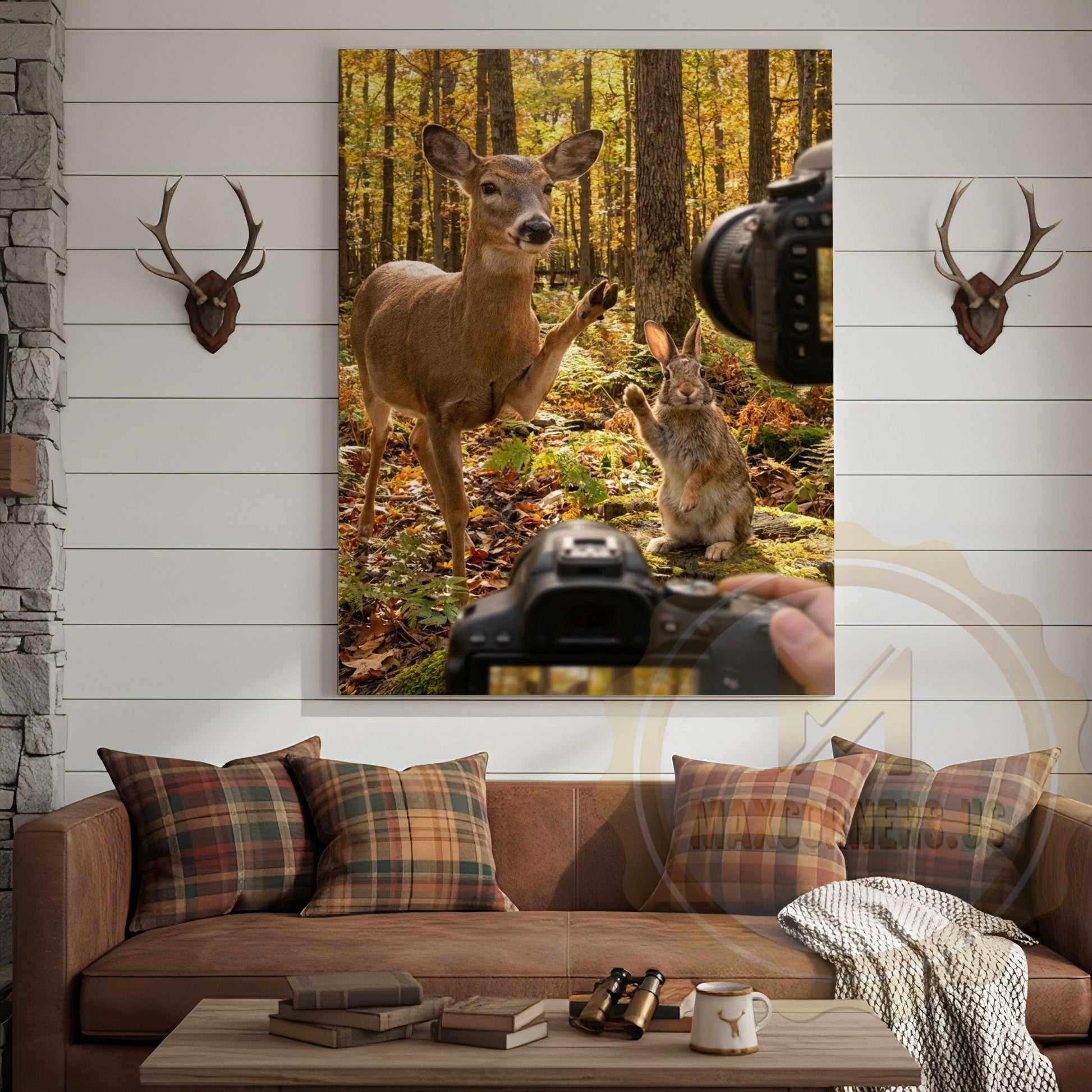 Funny Deer Photographer Canvas Wall Art - Autumn Forest Wildlife Humor