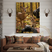 Funny Deer Photographer Canvas Wall Art - Autumn Forest Wildlife Humor