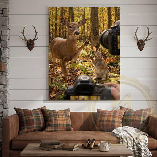 Funny Deer Photographer Canvas Wall Art - Autumn Forest Wildlife Humor