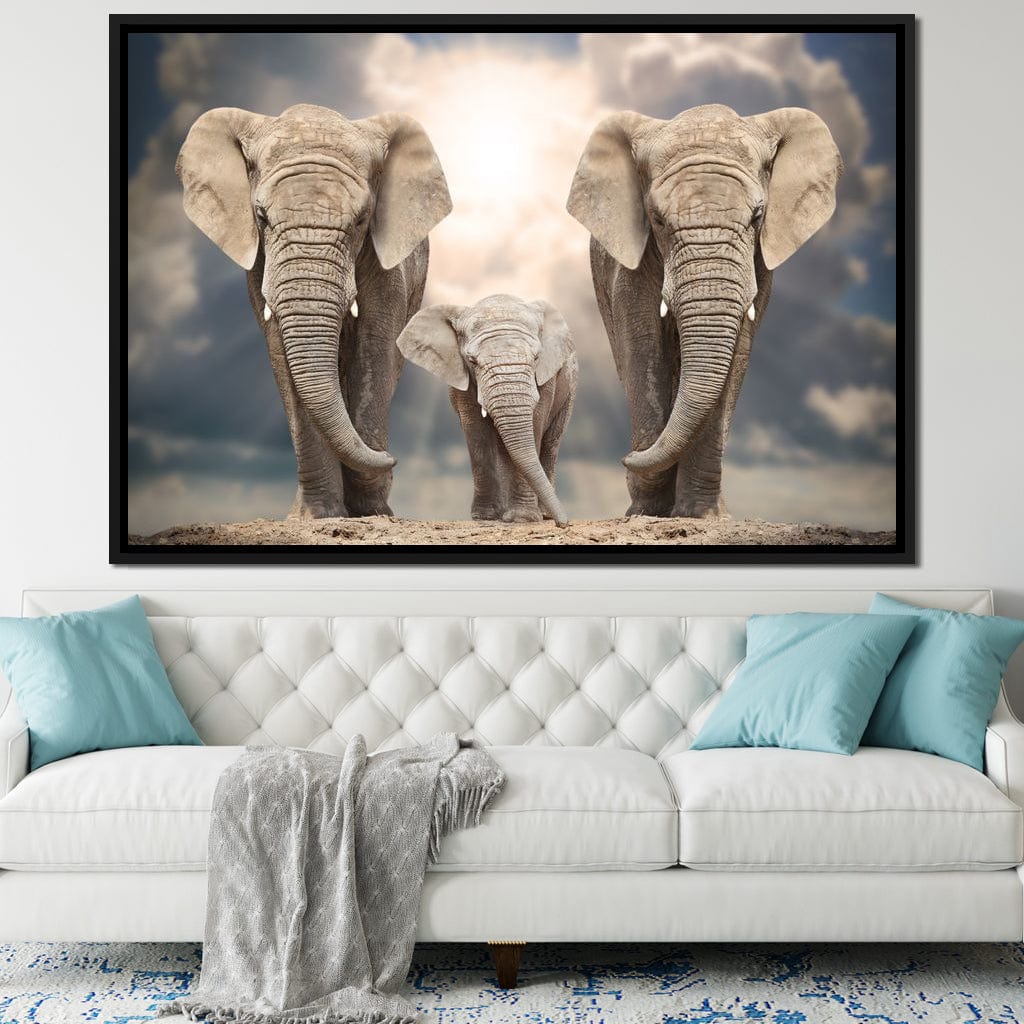 Elephant Family Under the Sun Canvas Wall Art