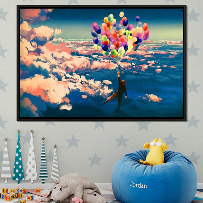 Flying with Colorful Balloons Canvas Wall Art