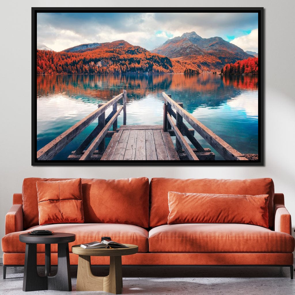 Wooden Pier on Autumn lake Sils Canvas Wall Art