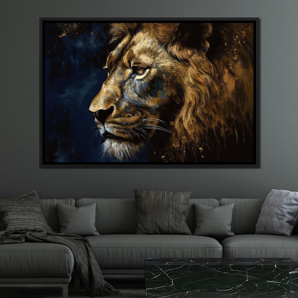 Golden Lion on Blue Background Canvas Wall Art
