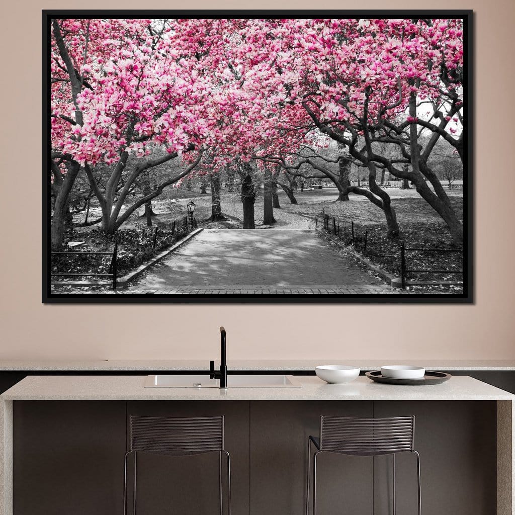 Pink Blossoms in Black and White Canvas Wall Art