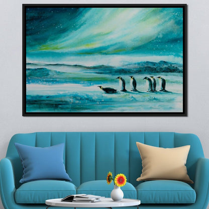 Penguins Under the Aurora Borealis Canvas Wall Art