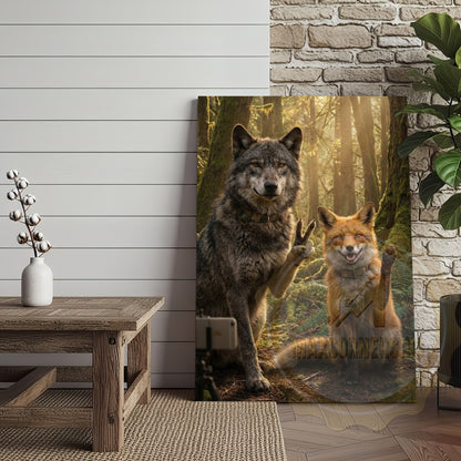 Wolf Fox Friendship Canvas Wall Art - Forest Wildlife Companions Print