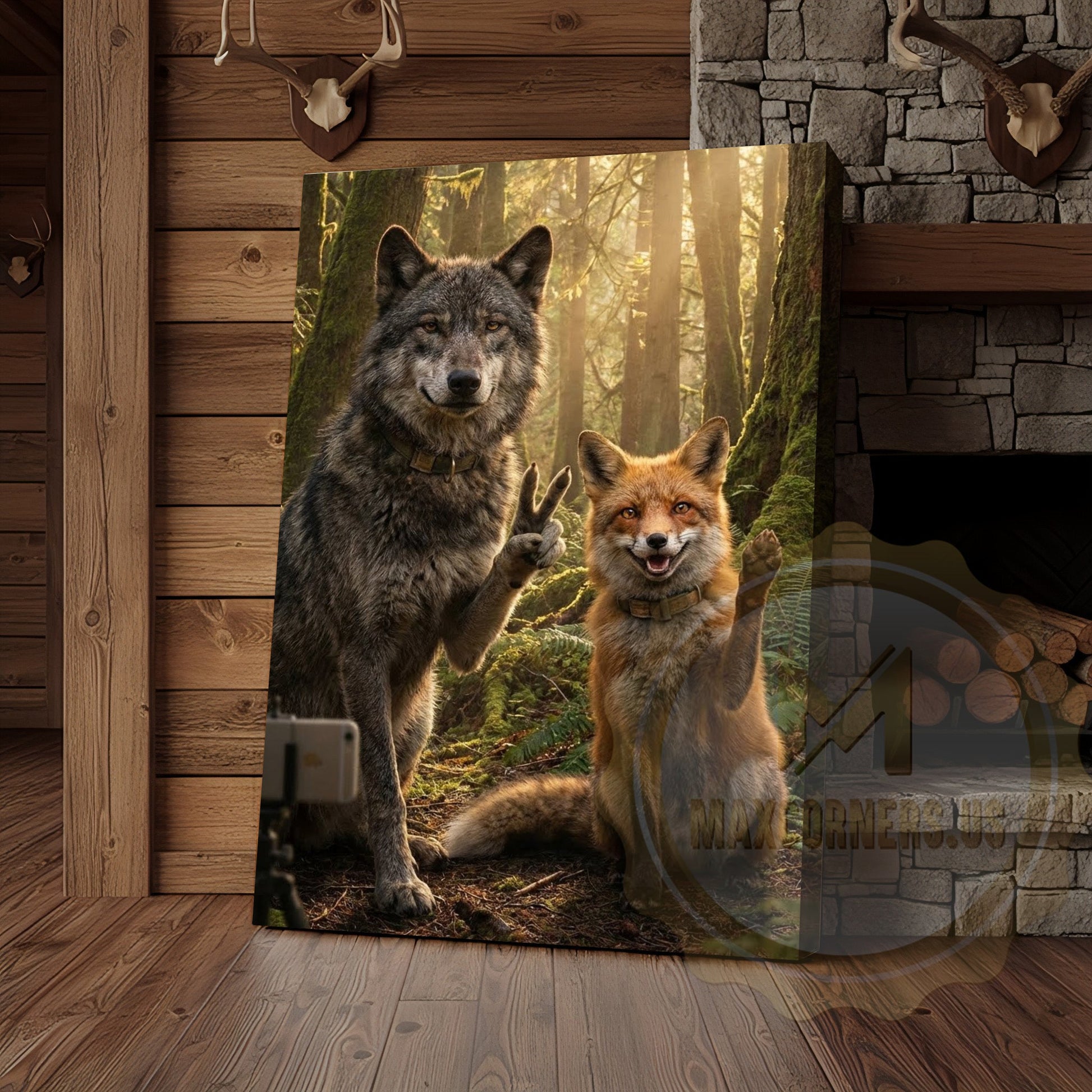 Wolf Fox Friendship Canvas Wall Art - Forest Wildlife Companions Print