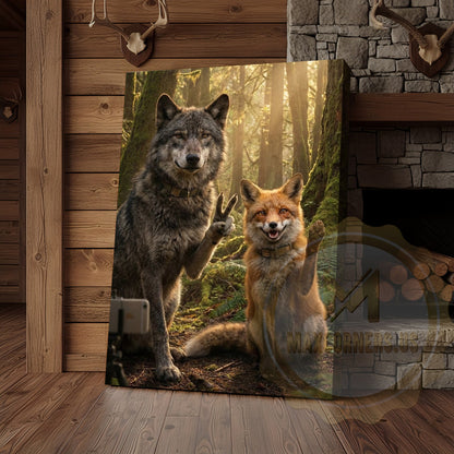 Wolf Fox Friendship Canvas Wall Art - Forest Wildlife Companions Print