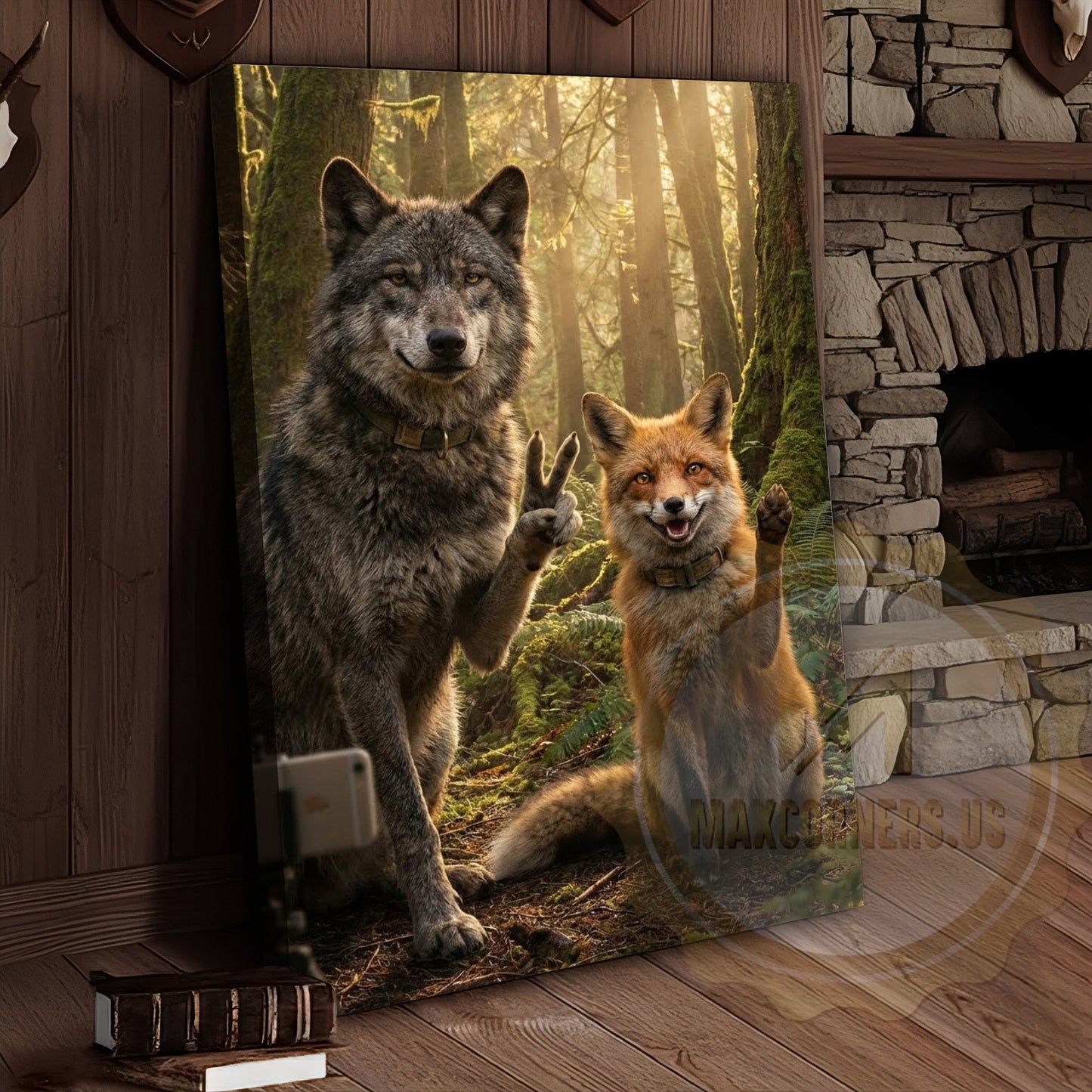Wolf Fox Friendship Canvas Wall Art - Forest Wildlife Companions Print