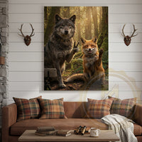 Wolf Fox Friendship Canvas Wall Art - Forest Wildlife Companions Print