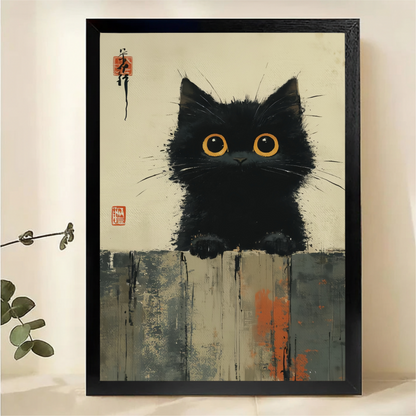 Curious Black Cat Peeking Over Wall Art - Ink Brush Style Canvas Print