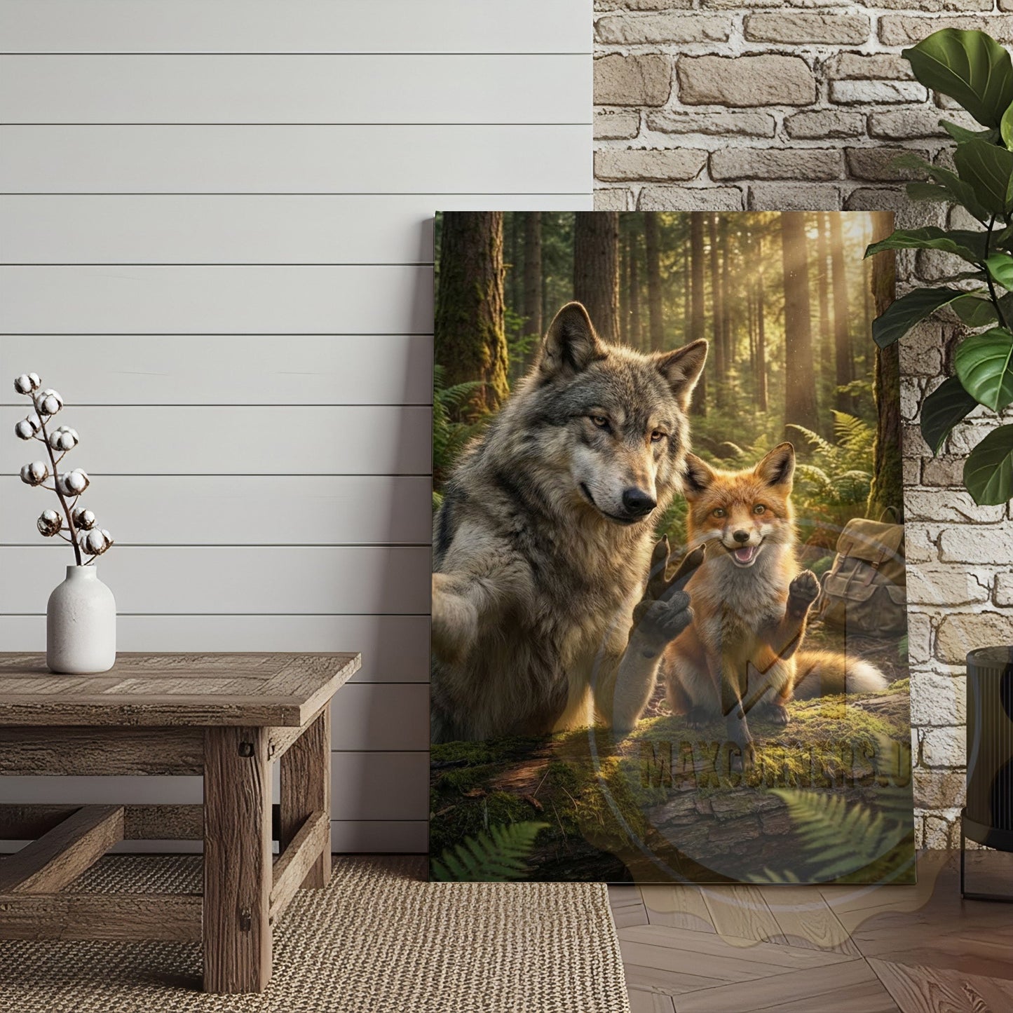 Funny Forest Animals Canvas - Wolf Fox Rabbit Sunlight Scene Decor