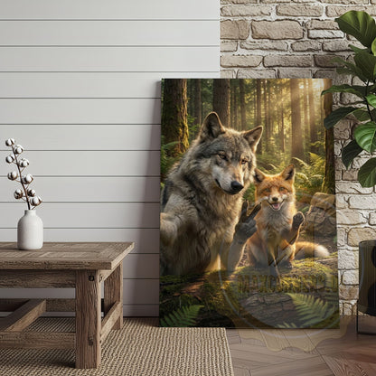 Funny Forest Animals Canvas - Wolf Fox Rabbit Sunlight Scene Decor