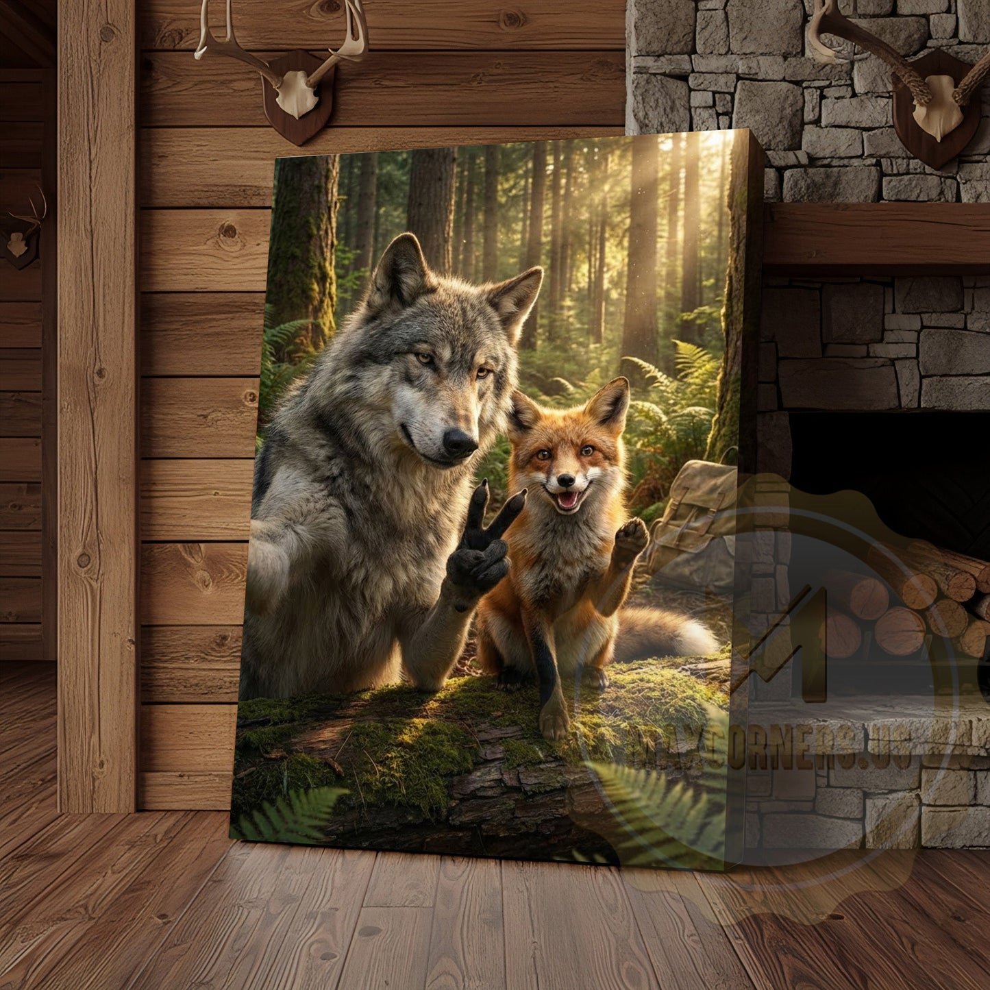 Funny Forest Animals Canvas - Wolf Fox Rabbit Sunlight Scene Decor